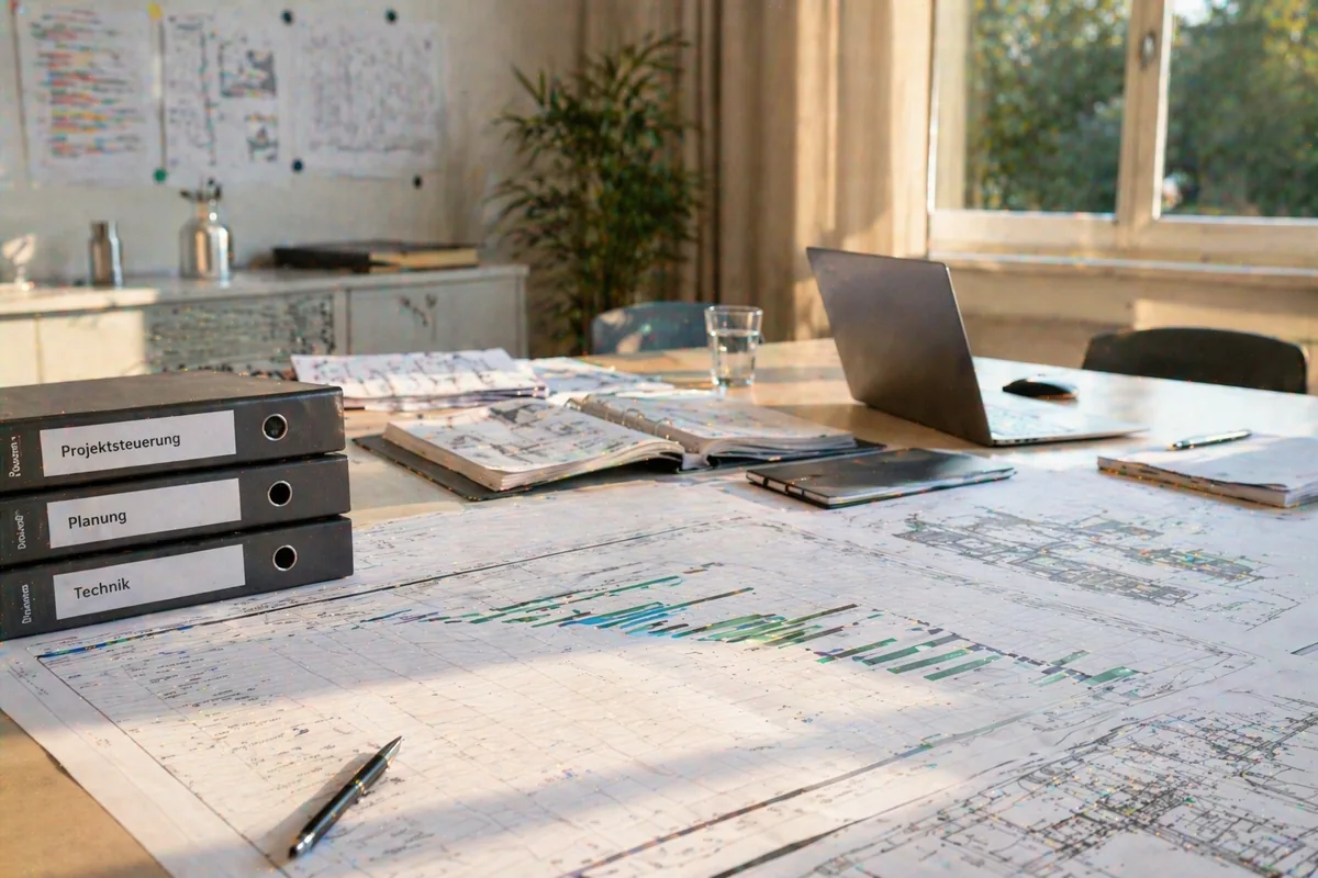 Projektunterlagen und Laptop in technischer Projektsteuerung