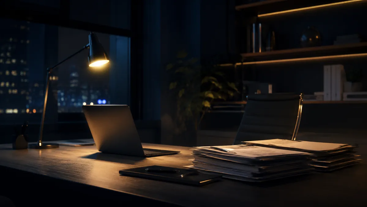 Schreibtisch am Abend mit einer letzten beleuchteten Arbeitslampe