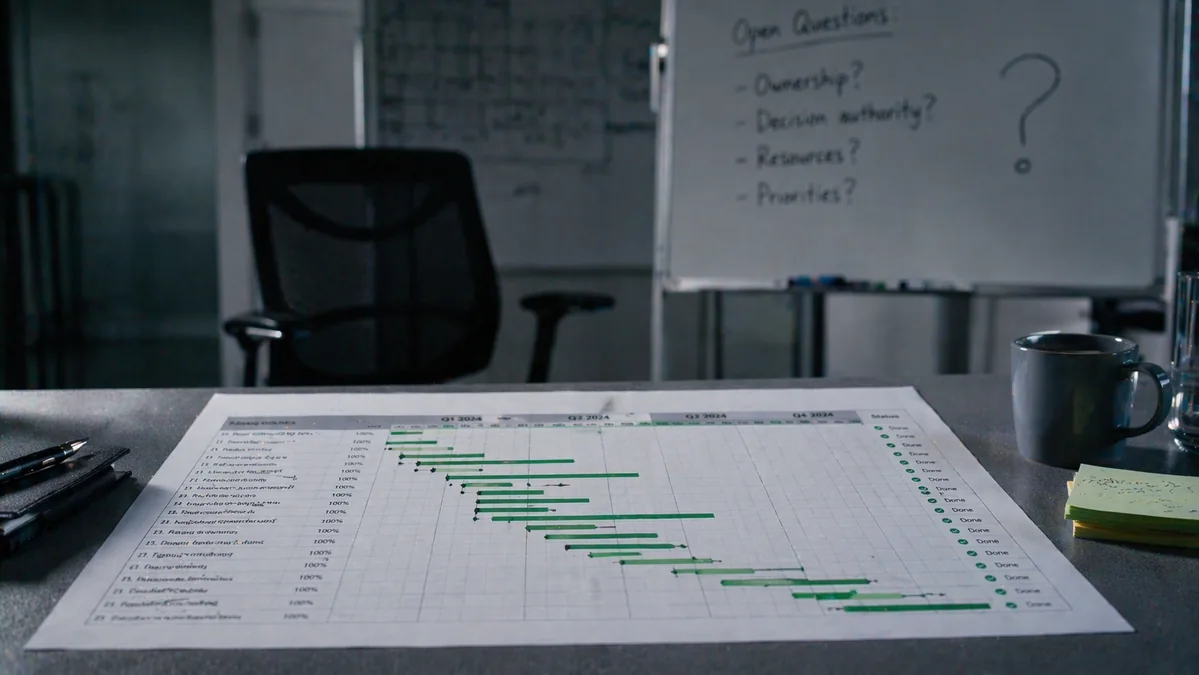 Projektplan und Whiteboard mit offenen Projektfragen
