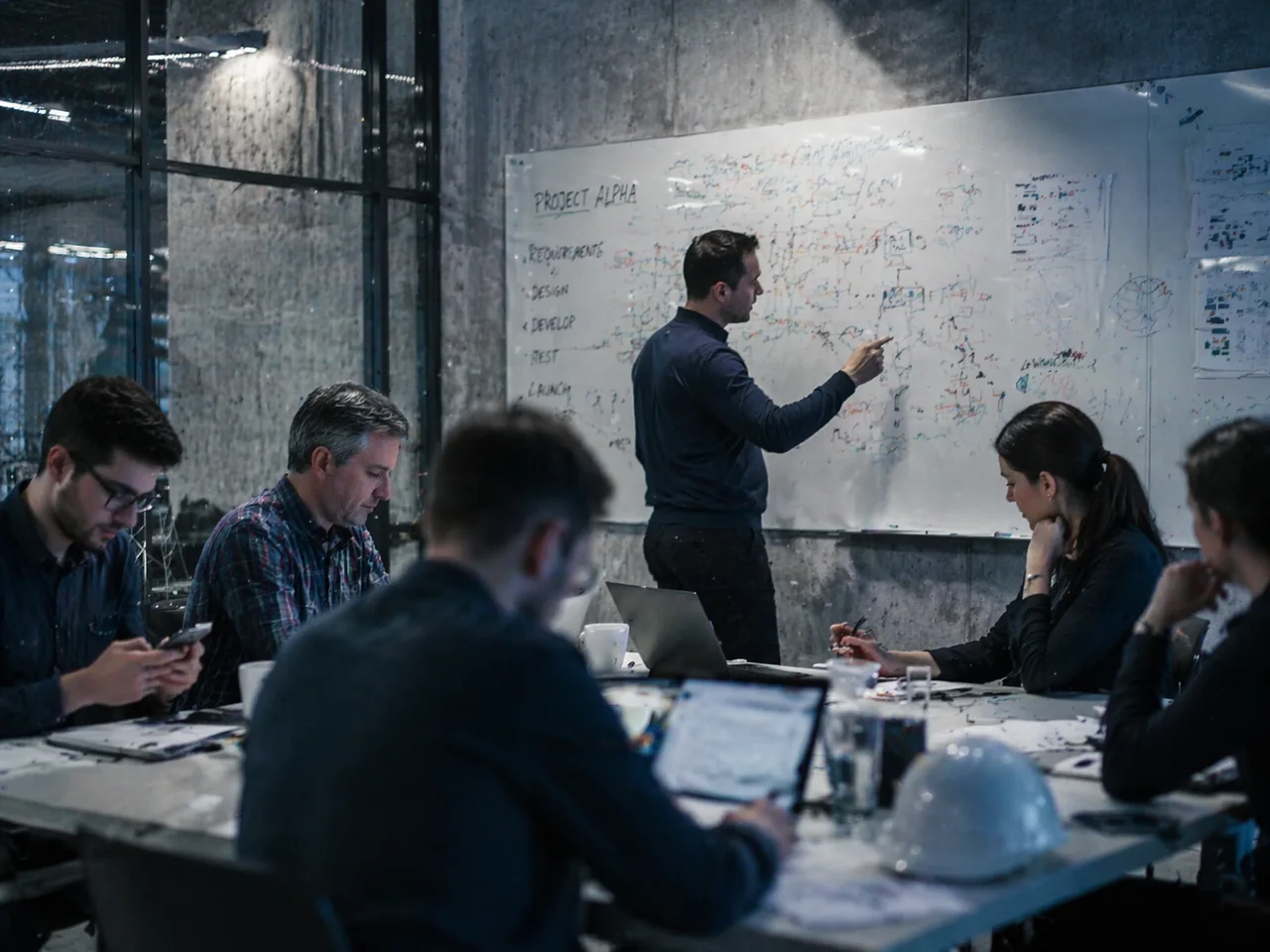 Projektmeeting: Projektleiter erklärt am Whiteboard, Teilnehmer sind abgelenkt